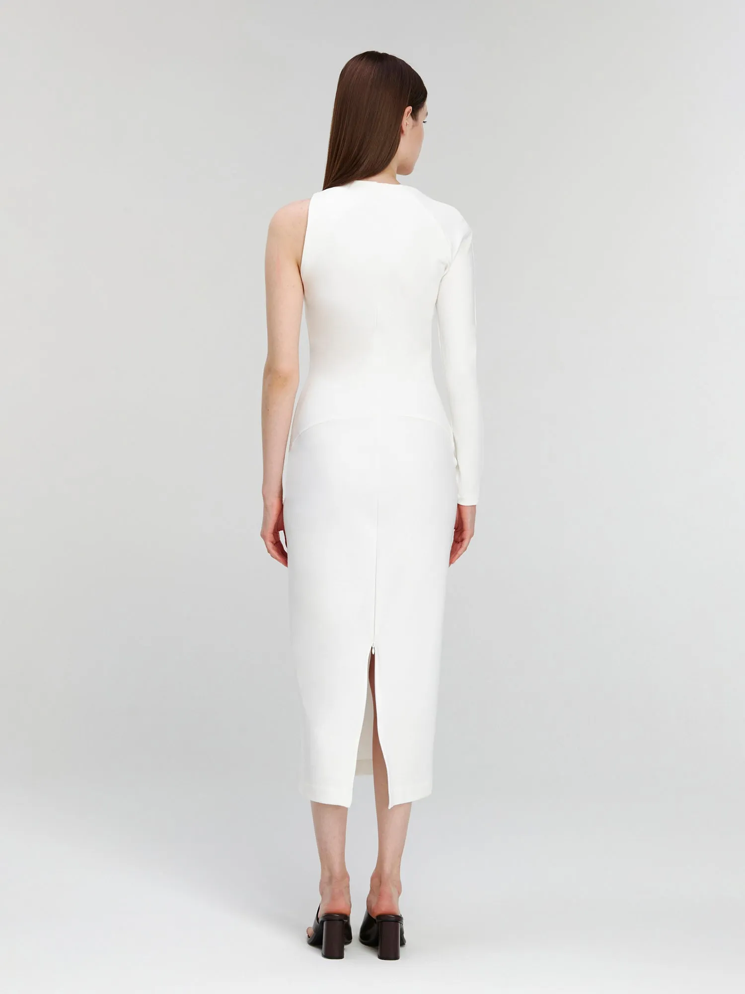 White One Sleeve Asymmetric Neck Bodycon Evening Minimalist Midi Dress