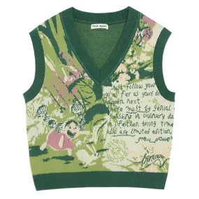 Wiaofellas  -  Retro Green Knit Vest Men Autumn Winter New Cute Sweater Unisex Fashion Y2k Streetwear Sleeveless Top T-Shirt Printed Tank Tops