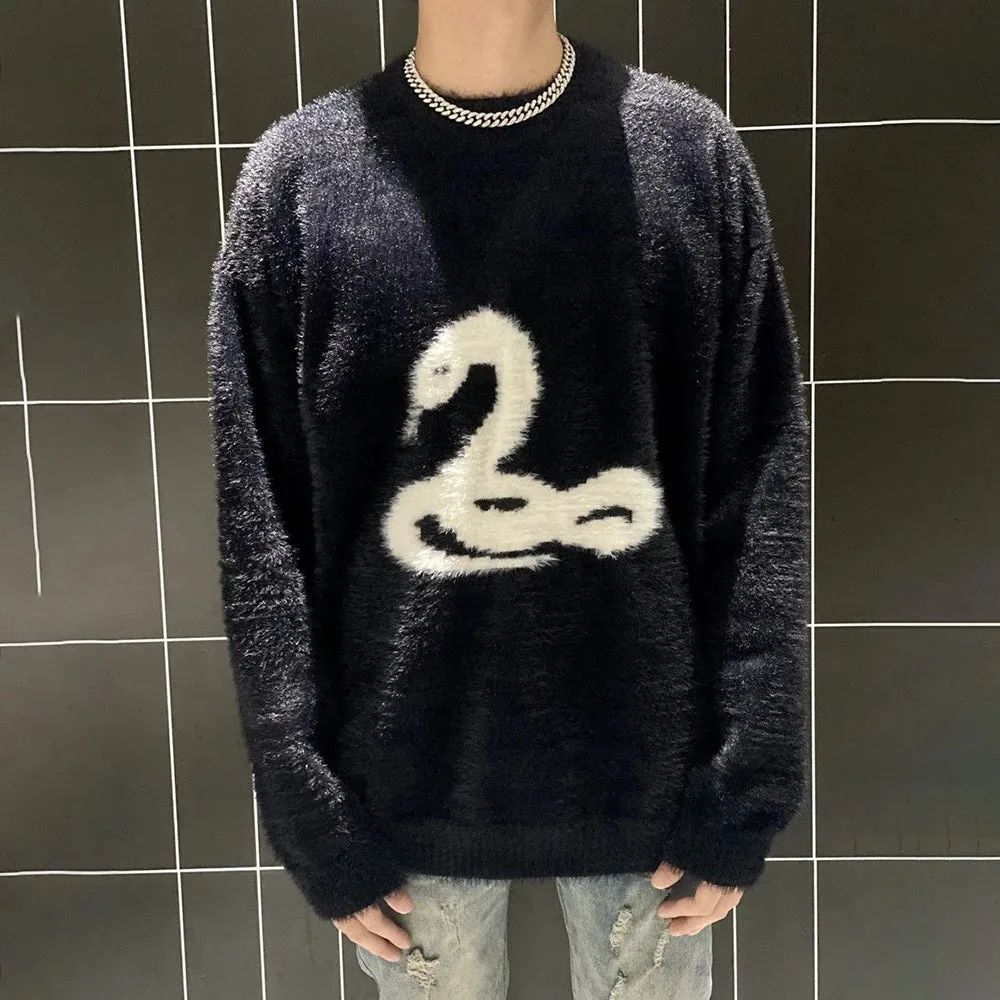 Wiaofellas Y2k Mens Sweater Snake Pattern Jacquard Round Neck Sweater Unisex Autumn And Winter New American Street Loose Sweater