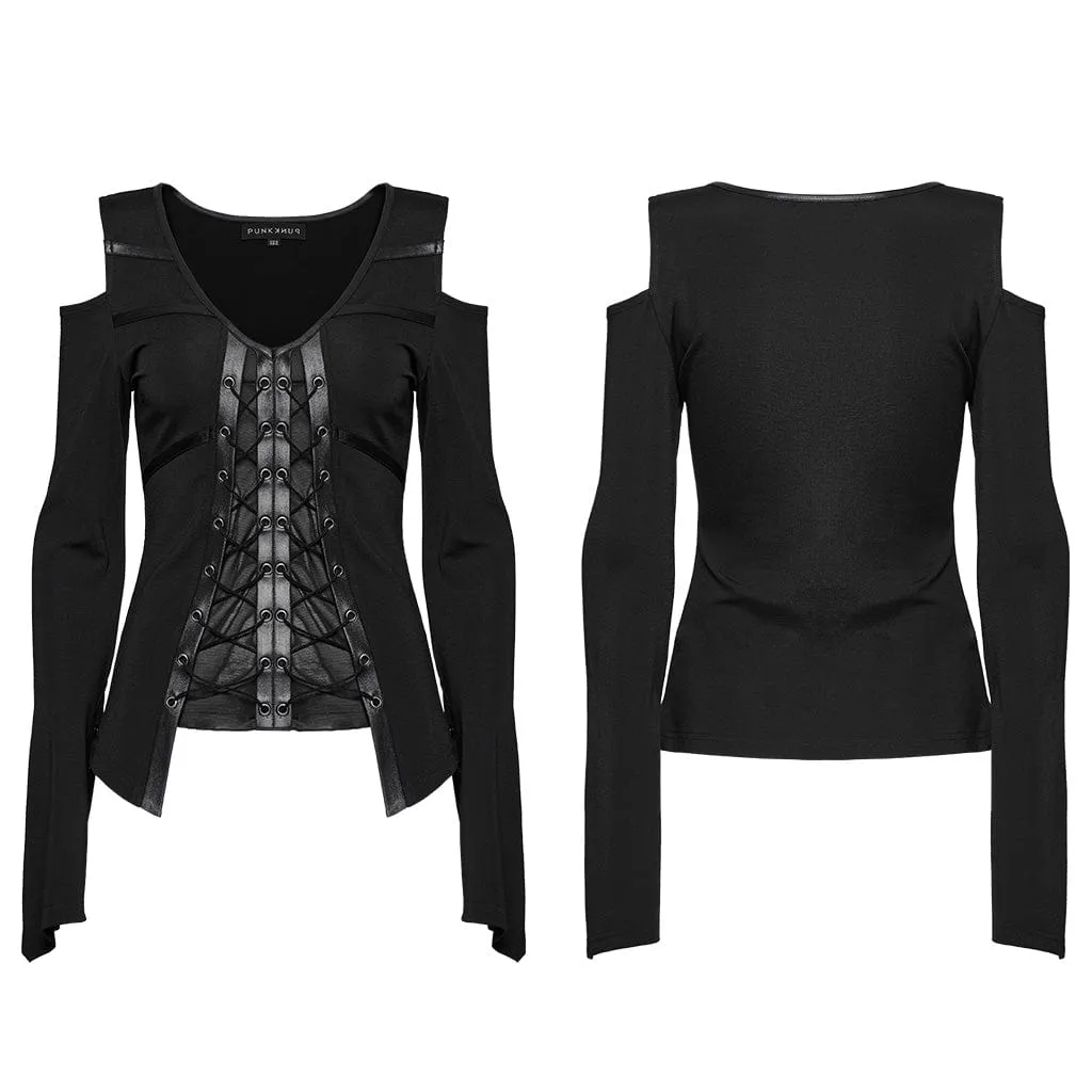 Women's Punk Off-the-shoulder Mesh Splice Shirt