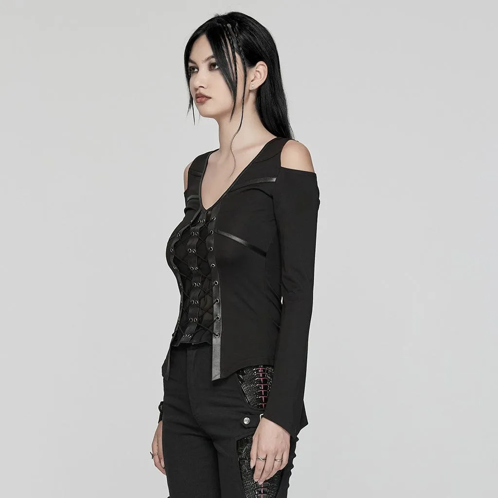 Women's Punk Off-the-shoulder Mesh Splice Shirt