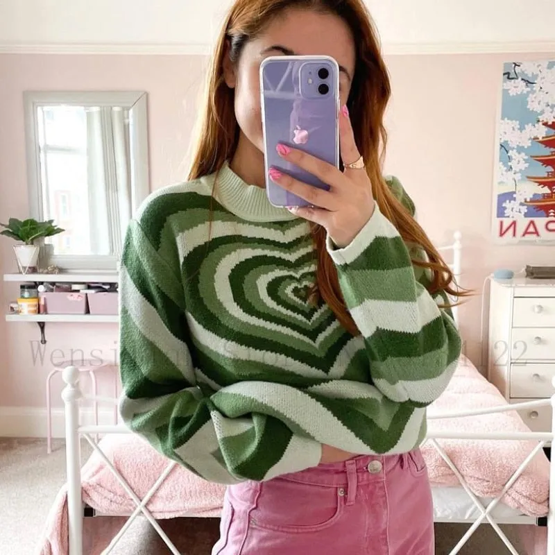 Y2K Aesthetics Sweater Women Heart Striped Turtleneck Sweaters E-girl Sweet Pullovers Long Sleeve Hot Green Sweater 90s Knitwear