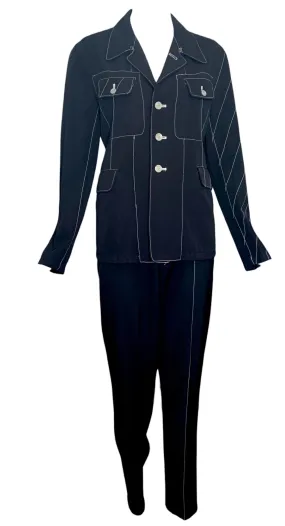 Yohji Yamamoto 90s Black Pant Suit Ensemble with White Contrast Stitching