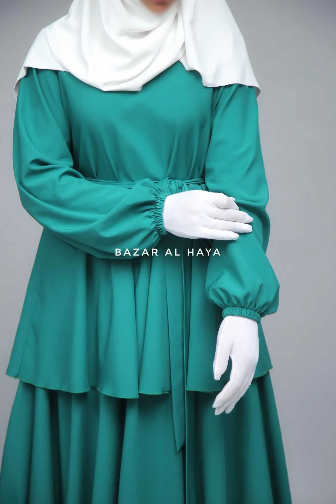 Zuhur Jade Green Ruffle Tiered Maxi Abaya Dress - Soft Silk Crepe