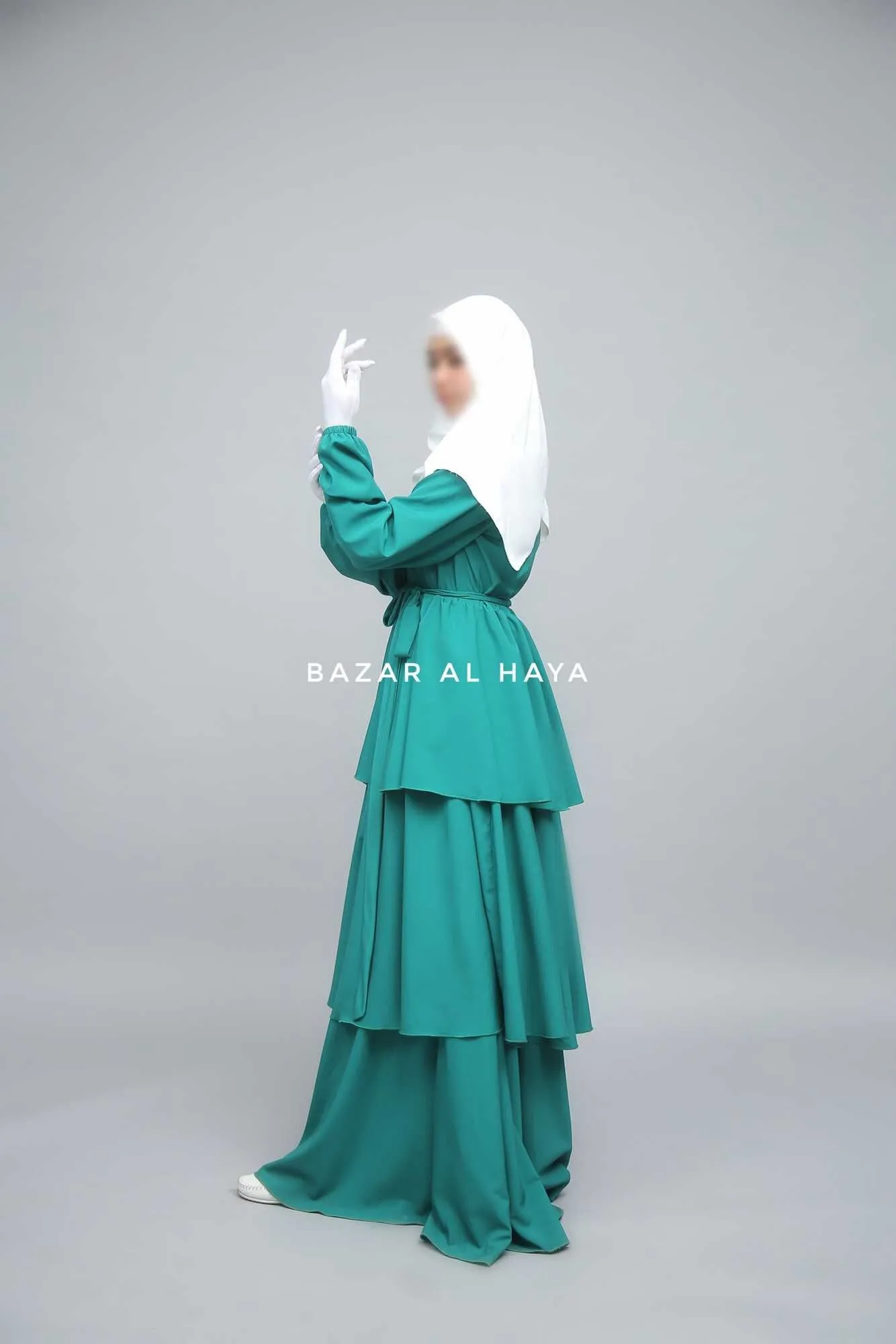 Zuhur Jade Green Ruffle Tiered Maxi Abaya Dress - Soft Silk Crepe